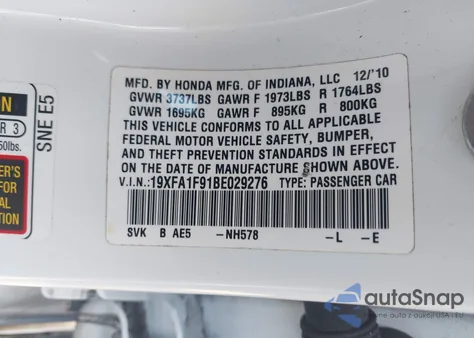 2011 Honda Civic Ex-L z USA, uszkodzony, nr VIN 19XFA1F91BE029276